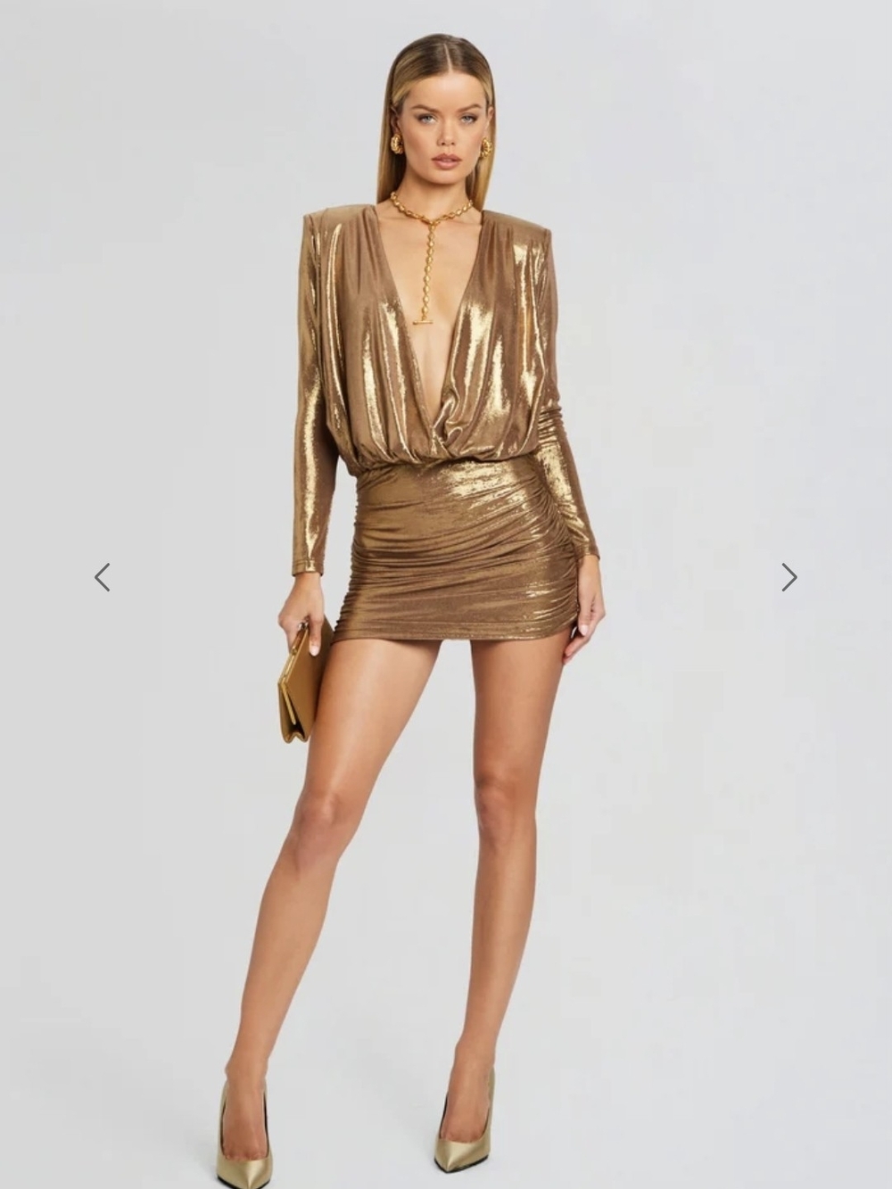 Retrofete Metallic V-Neck Long Sleeve Ruched Mini Sheath Dress Ruched Mini Dress
